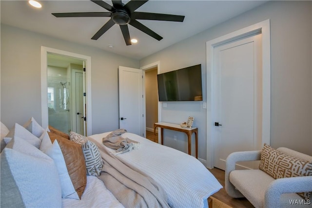 bedroom with recessed lighting, ceiling fan, and ensuite bathroom