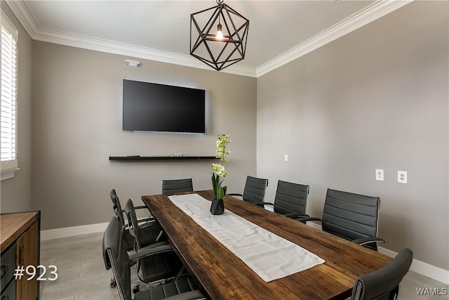 home office featuring a chandelier, baseboards, and ornamental molding