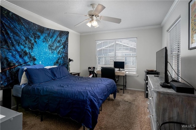 bedroom featuring ceiling fan, carpet, baseboards, and ornamental molding