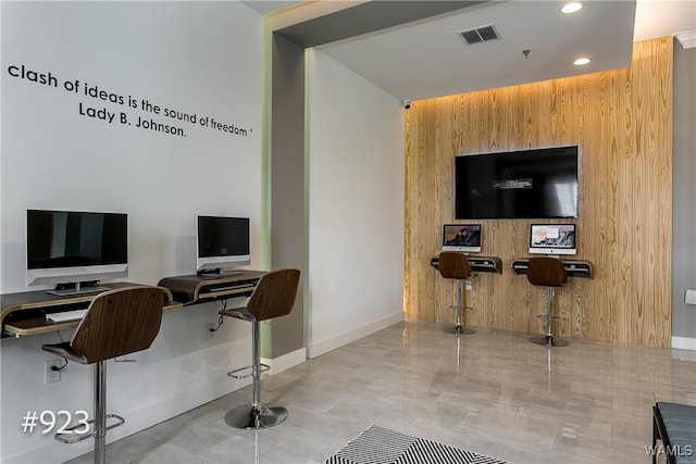 office area with recessed lighting, visible vents, and baseboards