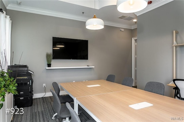 office area featuring visible vents, baseboards, and ornamental molding