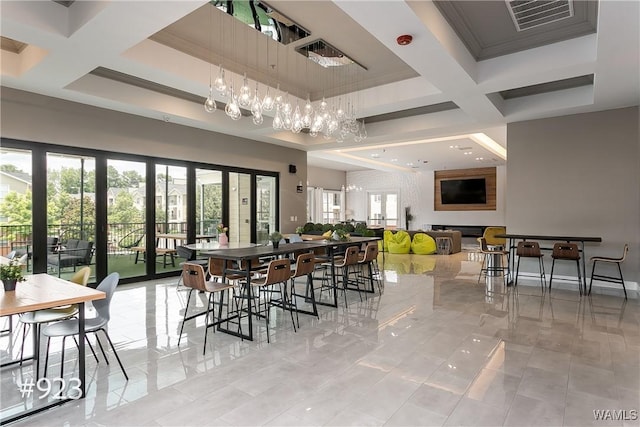 dining room featuring beam ceiling, visible vents, french doors, and coffered ceiling