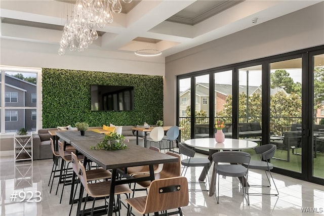 dining room featuring coffered ceiling, ornamental molding, french doors, beamed ceiling, and a notable chandelier