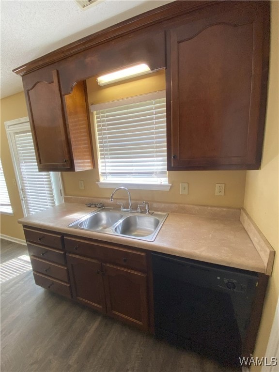 kitchen featuring sink, dark hardwood / wood-style flooring, a textured ceiling, and black dishwasher