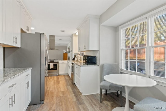 kitchen with sink, white cabinetry, stainless steel appliances, island range hood, and breakfast area