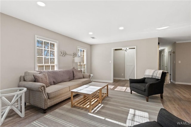 living room featuring a barn door and hardwood / wood-style floors