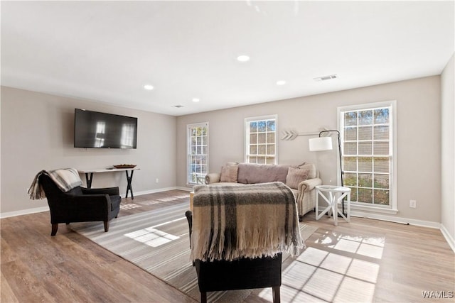 living room with plenty of natural light and light wood-type flooring