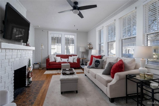 11 Audubon Pl, Tuscaloosa, AL 35401 - living room with plenty of natural light, a fireplace, ornamental molding, and wood finished floors