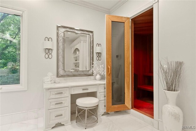 6821 Jade Pt, Tuscaloosa, AL 35406 - bathroom featuring ornamental molding, vanity, and marble finish flooring