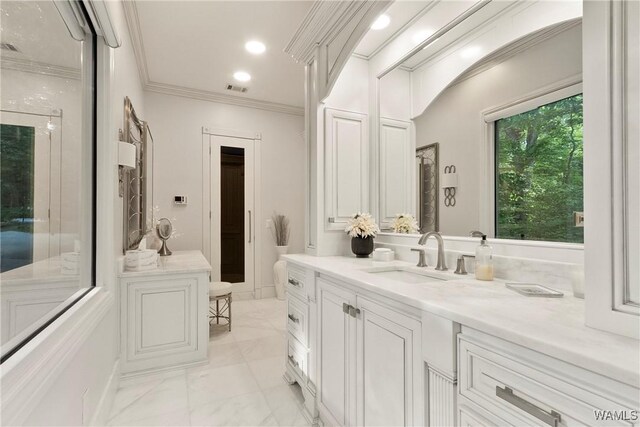 6821 Jade Pt, Tuscaloosa, AL 35406 - full bathroom with vanity, ornamental molding, and marble finish flooring