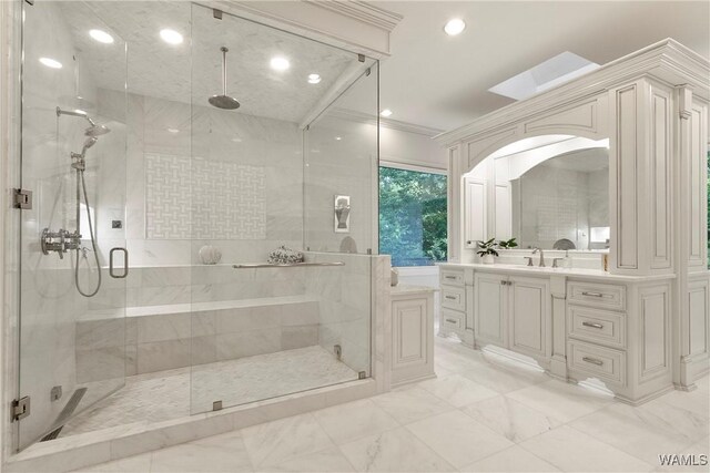 6821 Jade Pt, Tuscaloosa, AL 35406 - full bathroom featuring a stall shower, marble finish floors, vanity, recessed lighting, and ornamental molding