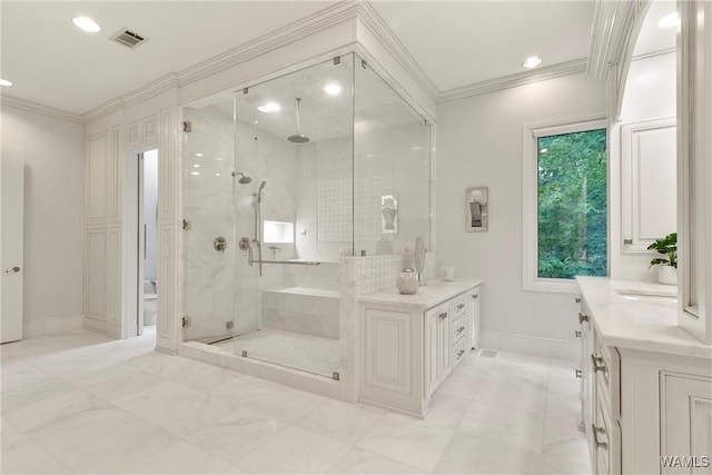 6821 Jade Pt, Tuscaloosa, AL 35406 - full bathroom featuring ornamental molding, a stall shower, vanity, marble finish floors, and recessed lighting