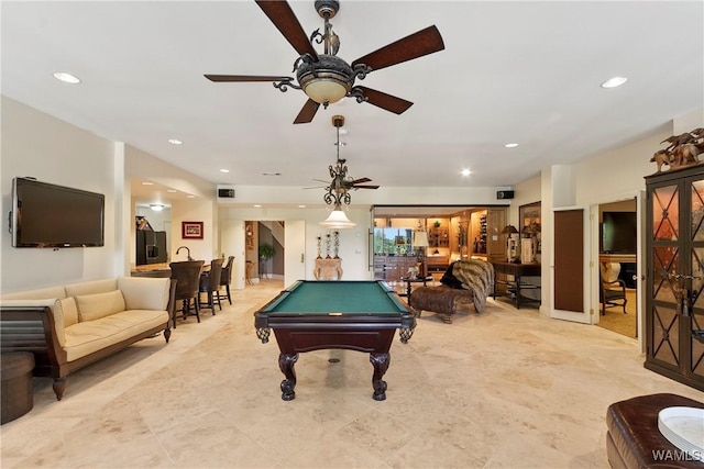 6821 Jade Pt, Tuscaloosa, AL 35406 - playroom featuring billiards, a ceiling fan, and recessed lighting
