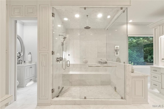 6821 Jade Pt, Tuscaloosa, AL 35406 - full bath with a shower stall, crown molding, vanity, marble finish flooring, and recessed lighting