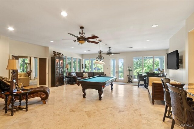 6821 Jade Pt, Tuscaloosa, AL 35406 - recreation room with billiards, a ceiling fan, and recessed lighting