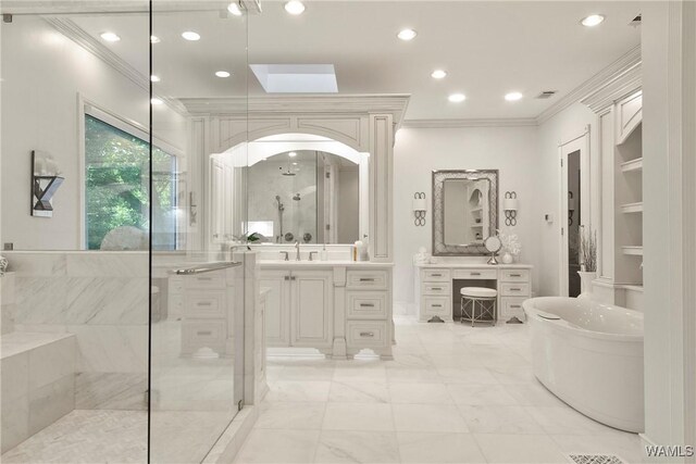 6821 Jade Pt, Tuscaloosa, AL 35406 - full bath featuring ornamental molding, a stall shower, vanity, a freestanding bath, and marble finish flooring