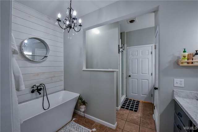4402 Lakeshore Dr, Northport, AL 35473 - bathroom featuring a chandelier, a soaking tub, vanity, tile patterned floors, and wood walls