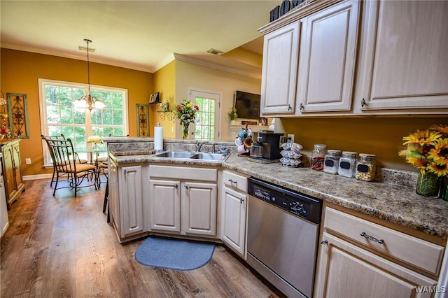 12464 Timberlane Rd, Ralph, AL 35480 - kitchen featuring a sink, stainless steel dishwasher, crown molding, a peninsula, and dark wood-style flooring