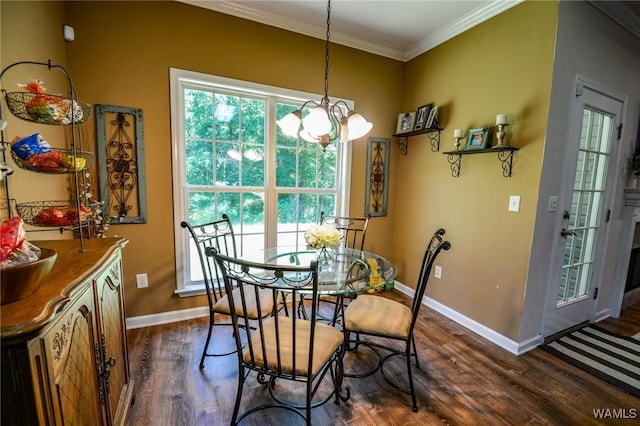 12464 Timberlane Rd, Ralph, AL 35480 - dining room with baseboards, dark wood-style floors, a chandelier, and crown molding