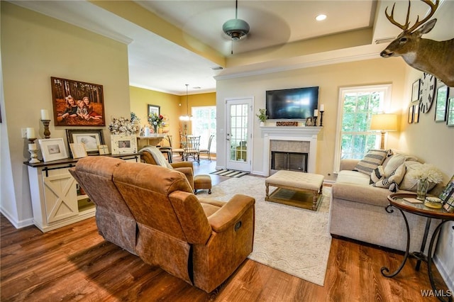 12464 Timberlane Rd, Ralph, AL 35480 - living room with dark wood-type flooring, ornamental molding, a fireplace, baseboards, and ceiling fan