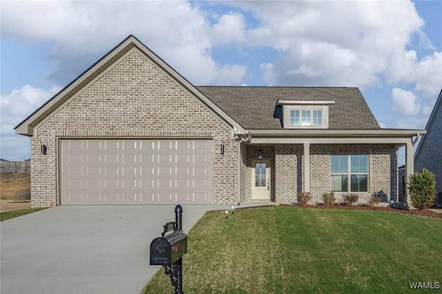 view of front of house with driveway, an attached garage, a front lawn, and brick siding