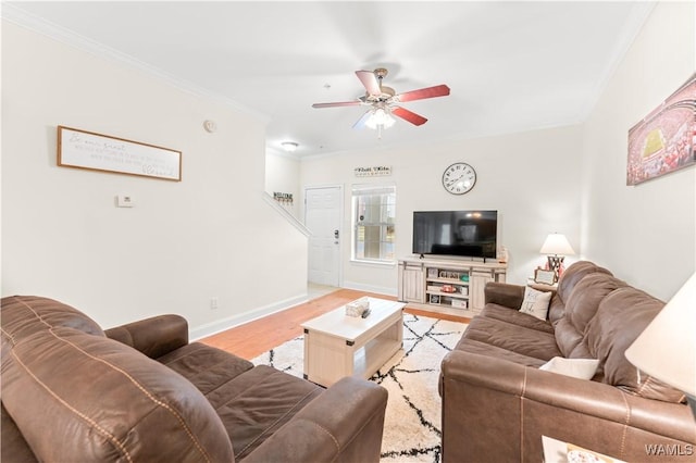 living room with light wood finished floors, a ceiling fan, baseboards, and crown molding