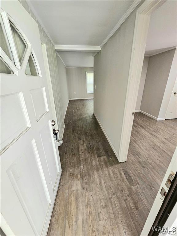 corridor with dark hardwood / wood-style floors and crown molding