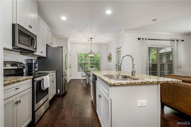kitchen featuring crown molding, a sink, appliances with stainless steel finishes, and dark wood finished floors