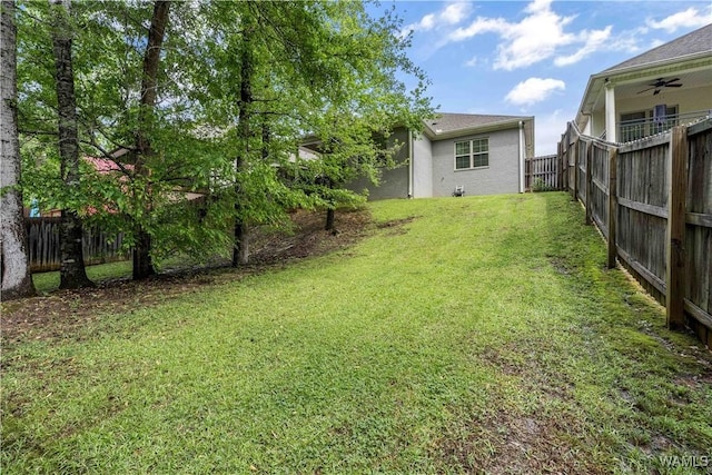 view of yard with ceiling fan and a fenced backyard