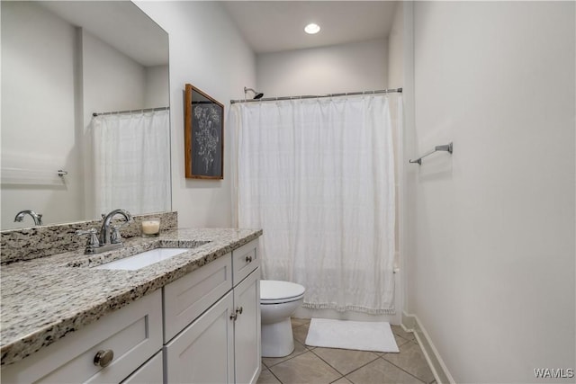 bathroom with recessed lighting, tile patterned floors, shower / bath combination with curtain, toilet, and vanity