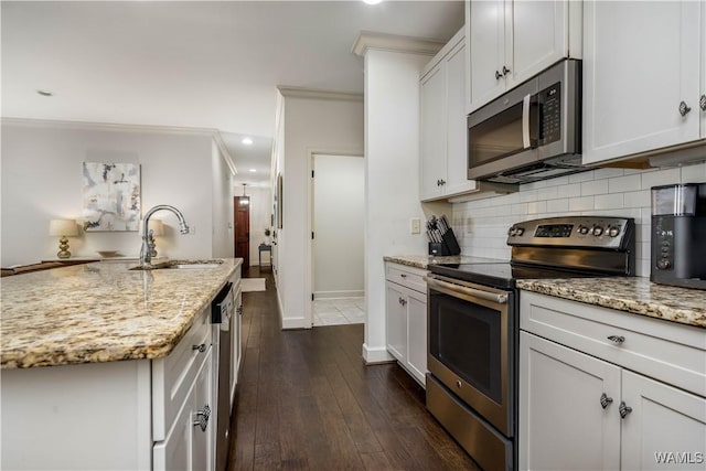 kitchen featuring decorative backsplash, a sink, stainless steel appliances, light stone countertops, and dark wood-type flooring