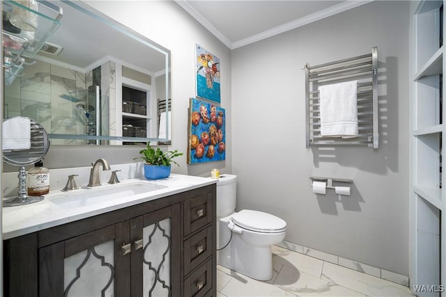 bathroom featuring radiator heating unit, vanity, ornamental molding, toilet, and walk in shower