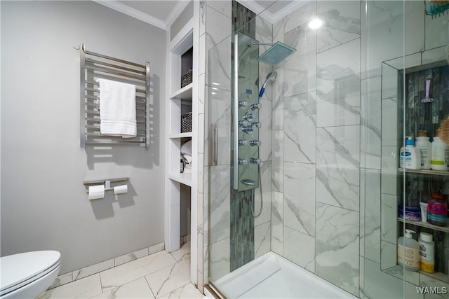 bathroom featuring crown molding, radiator heating unit, toilet, and walk in shower