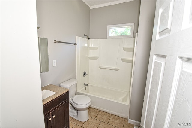 full bathroom featuring shower / tub combination, tile patterned flooring, vanity, and toilet