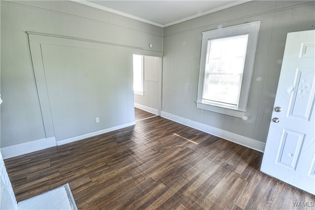 spare room with crown molding and dark wood-type flooring