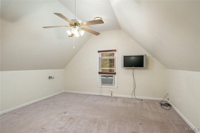 bonus room with ceiling fan, cooling unit, lofted ceiling, and light carpet