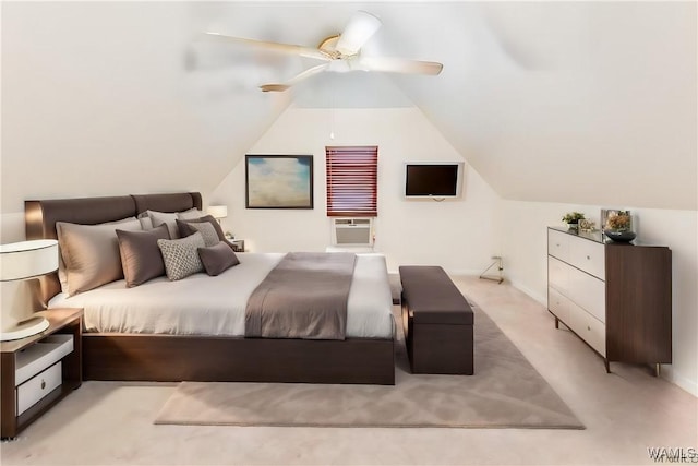 carpeted bedroom with a wall mounted air conditioner, vaulted ceiling, and ceiling fan