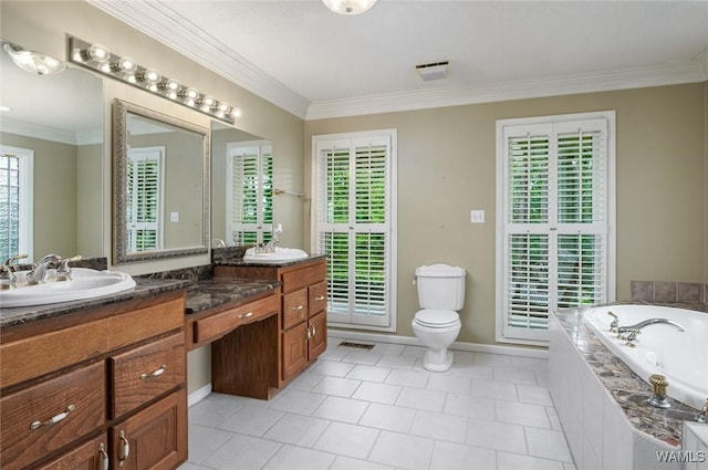 bathroom with vanity, plenty of natural light, a relaxing tiled tub, and ornamental molding