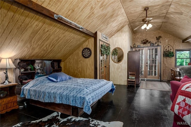 bedroom with vaulted ceiling with beams, ceiling fan, wooden ceiling, and wooden walls