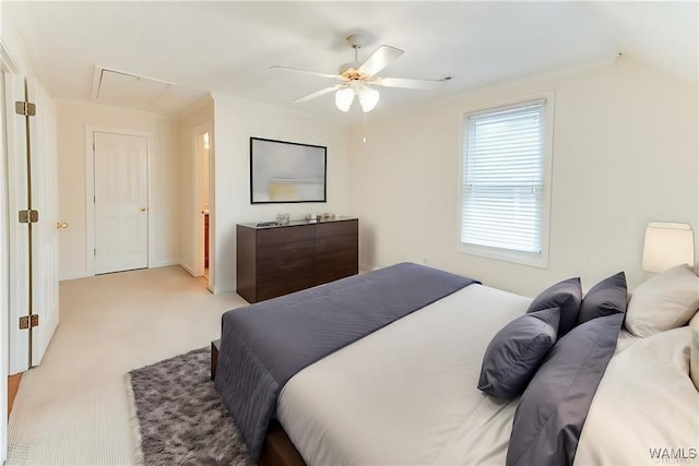 bedroom featuring light carpet and ceiling fan