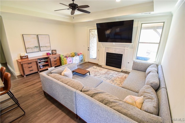 living room with wood finished floors, a raised ceiling, and a high end fireplace