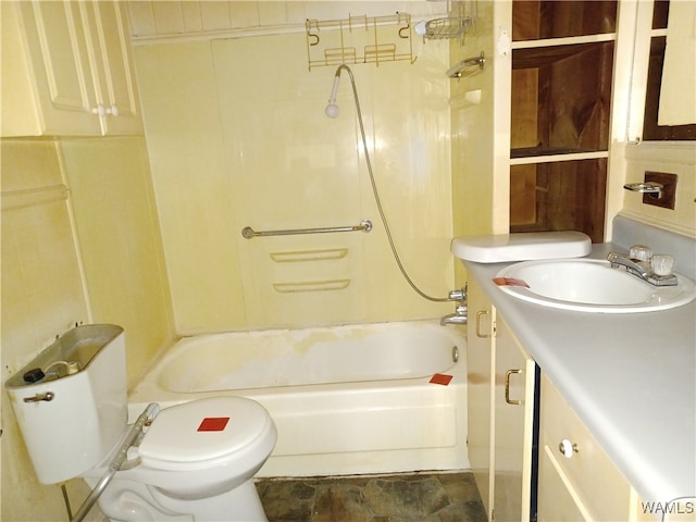 full bathroom with shower / bathing tub combination, vanity, and toilet