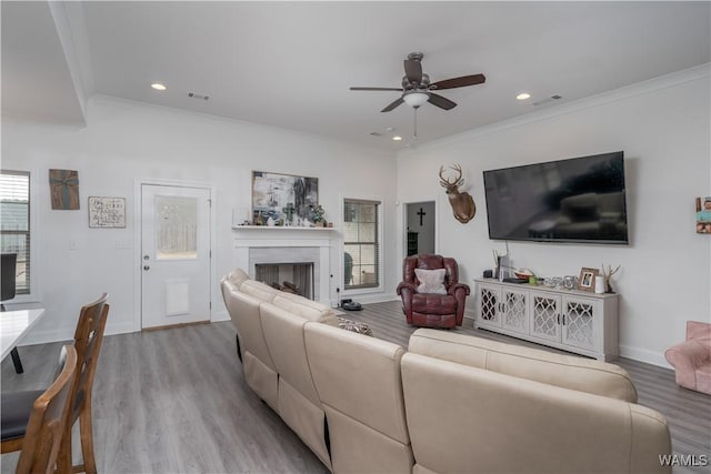 living room with crown molding, ceiling fan, and light hardwood / wood-style floors