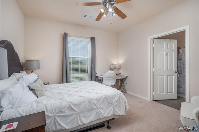 bedroom with ceiling fan and carpet