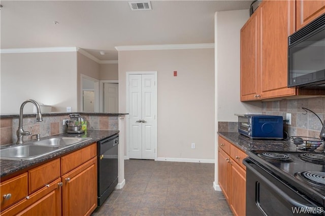 kitchen featuring sink, decorative backsplash, dark stone counters, ornamental molding, and black appliances