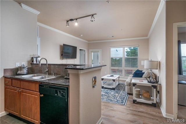 kitchen with wood-type flooring, black dishwasher, sink, kitchen peninsula, and crown molding