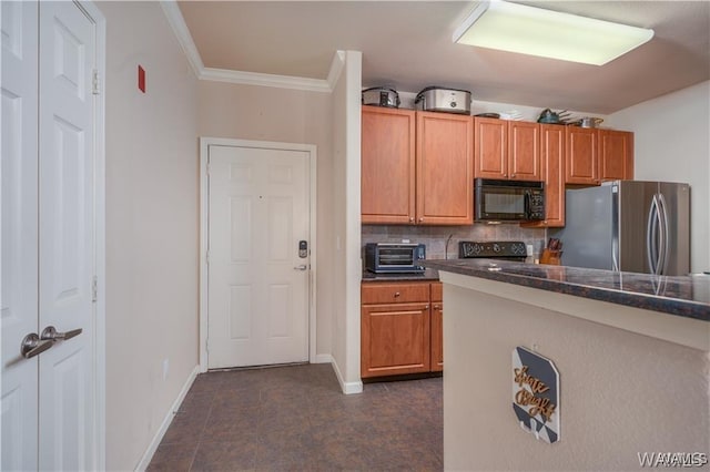 kitchen with backsplash, crown molding, and black appliances