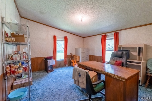 carpeted office with wood walls, a healthy amount of sunlight, ornamental molding, and a textured ceiling