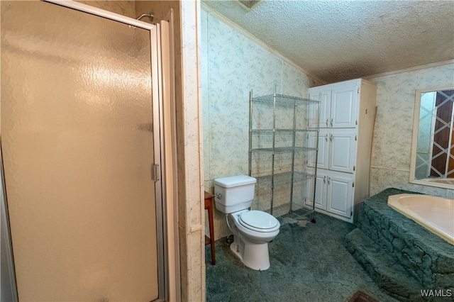 bathroom with shower with separate bathtub, a textured ceiling, and ornamental molding