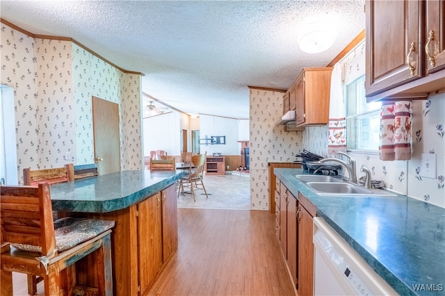 kitchen featuring a textured ceiling, white dishwasher, crown molding, sink, and light hardwood / wood-style flooring